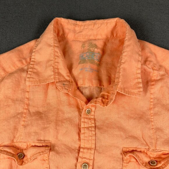 Islander Mens Large Orange Peach Short Sleeve Button Up Linen Shirt Pockets - Picture 3 of 11